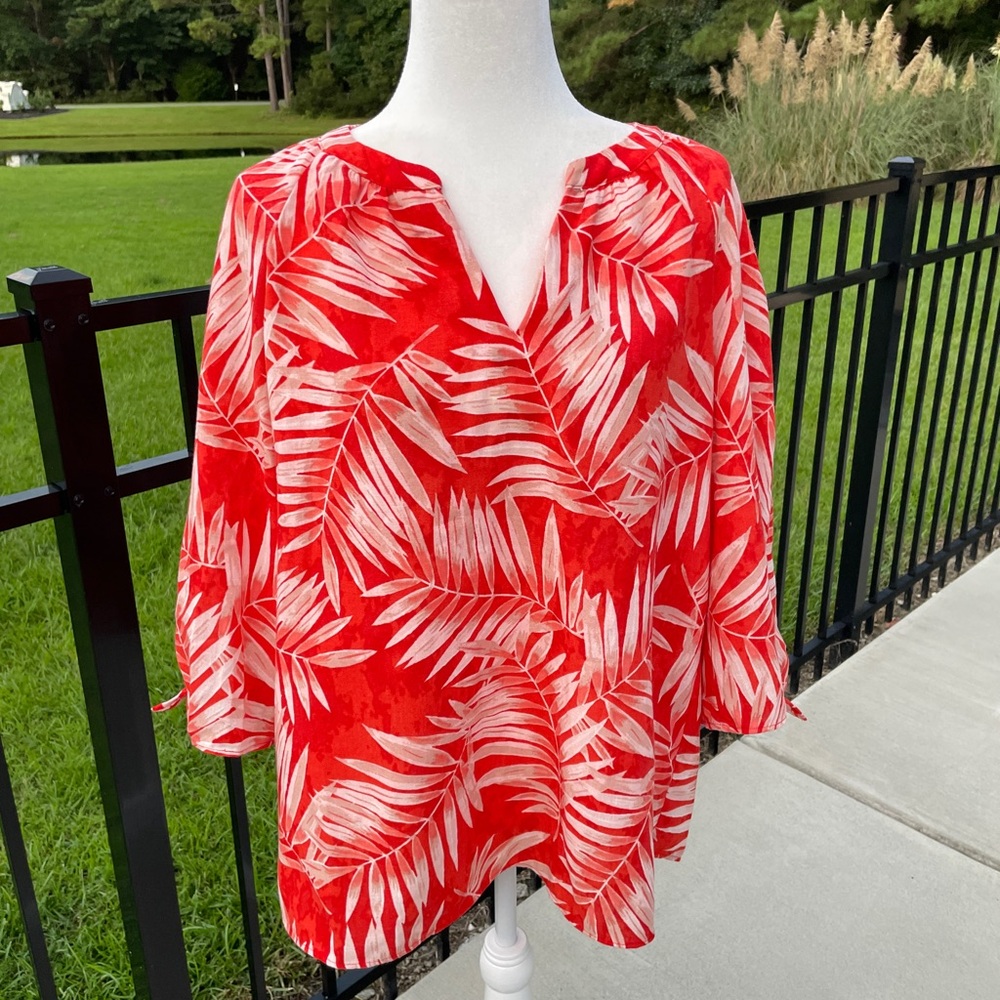 Jones New York Orange  and White Leaf Print Blouse - Picture 4 of 10